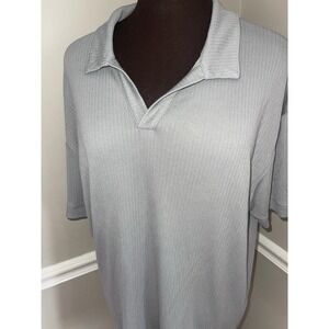 BYLT Premium Basics Mens XL Grey Ribbed Short Sleeve Open V Polo Shirt Work Golf